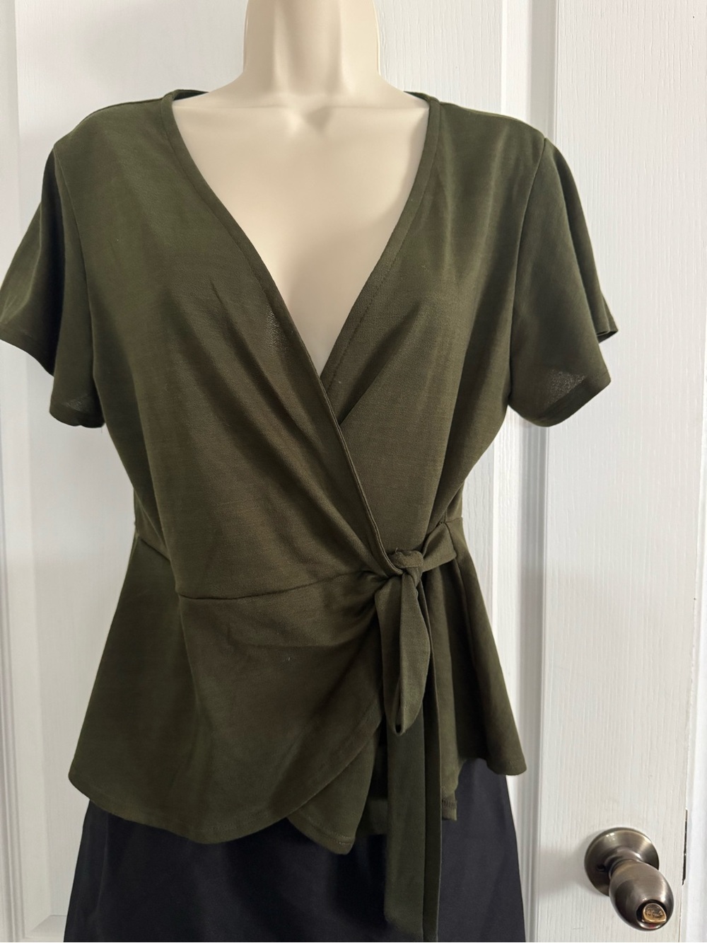 meraki Olive Wrap Tie-Front Short Sleeve Top